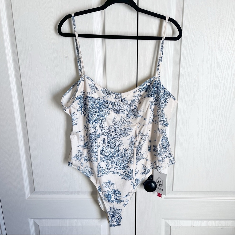 NWT Cider Toile de Jouy Bodysuit Blue Cream Sleeveless Size 3XL